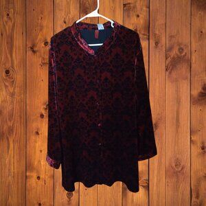 Look East Women's 2X Velvet Burnout Button Front Geisha Asian Floral Top QVC NEW